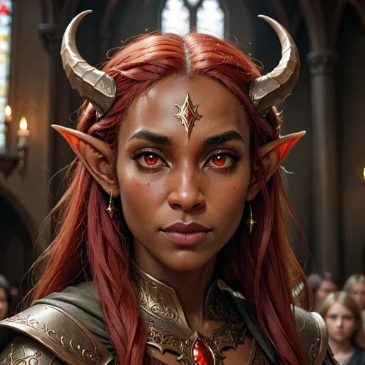 Prompt: Portrait of {a beautiful adult elf woman} with {dark red skin} and {long golden} hair, red eyes, and perfect face, with huge red horns,  in a dark church, perfect composition, hyperrealistic, super detailed, 8k, high quality, D&D, trending art, trending on artstation, sharp focus, studio photo, intricate details, highly detailed, by greg rutkowski