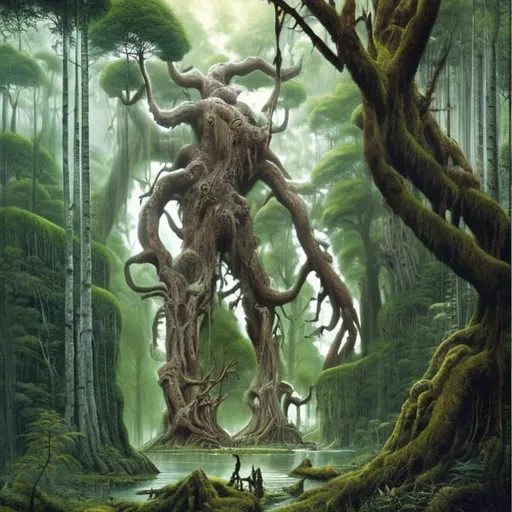 Prompt: Landscape painting, lush and dark forest, with a huge Ent, dull colors, danger, Lord of the Rings, fantasy art, by Hiro Isono, by Luigi Spano, by John Stephens