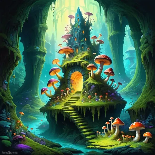 Prompt: Fantasy painting, a dark cave, illuminated by fluorescent crystals and mushrooms and moss, colorful snails and centipedes living here, dull colors, danger, fantasy art, by Hiro Isono, by Luigi Spano, by John Stephens