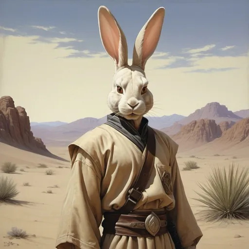 Prompt: Portrait painting, a rabbit with blonde fur and long bunny ears, desert-warrior clothes, in the desert, dull colors, danger, fantasy art, by Hiro Isono, by Luigi Spano, by John Stephens