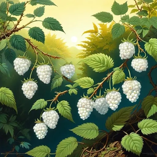 Prompt: Fantasy painting, white-raspberry bush berries are all white, dull colors, danger, fantasy art, by Hiro Isono, by Luigi Spano, by John Stephens