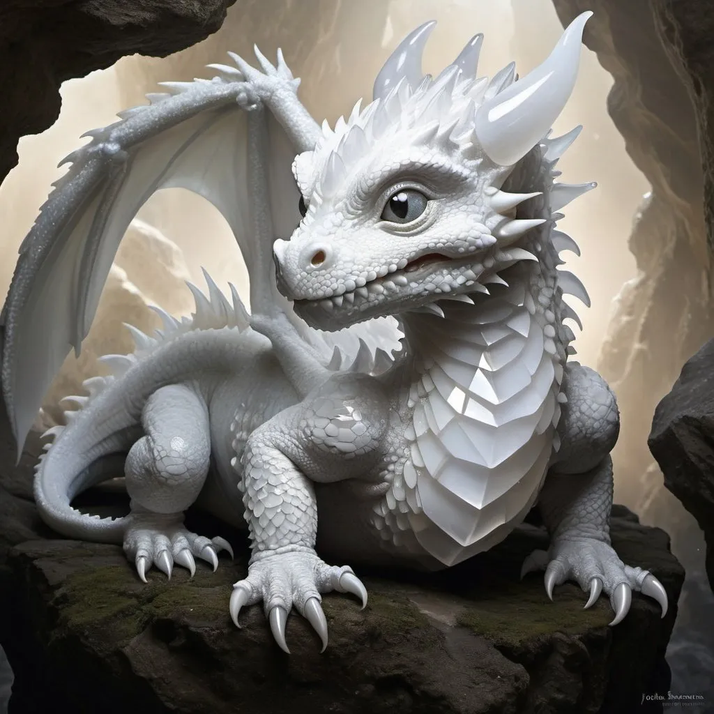 Prompt: Fantasy portrait, a small baby-dragon made from white quartz crystals, fantasy art, by Hiro Isono, by Luigi Spano, by John Stephens