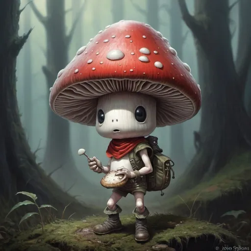 Prompt: Fantasy painting, a tiny mushroom-humanoid with mushroom hat, dull colors, danger, fantasy art, by Hiro Isono, by Luigi Spano, by John Stephens