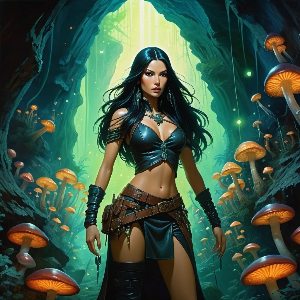 Prompt: Fantasy painting, a tall, beautiful woman with long black hair, dressed in leather, in a dark cave illuminated by fluorescent mushrooms, centipedes, and crystals, dull colors, danger, fantasy art, by Hiro Isono, by Luigi Spano, by John Stephens