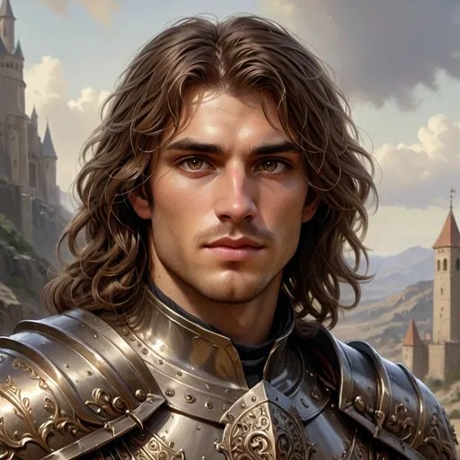 Prompt: Portrait of {young human paladin} with {shoulder-long wavy dark brown} hair, light-brown eyes and with handsome face, perfect composition, hyperrealistic, super detailed, 8k, high quality, D&D, trending art, trending on artstation, sharp focus, studio photo, intricate details, highly detailed, by greg rutkowski