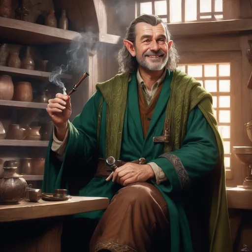 Prompt: Portrait of a smiling {middle-aged hobbit man}, he smokes a pipe, wears a green robe, handsome, fantasy, perfect composition, hyperrealistic, super detailed, 8k, high quality, trending art, trending on artstation, sharp focus, studio photo, intricate details, highly detailed, by greg rutkowski