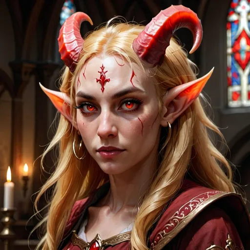 Prompt: Portrait of {an adult tiefling woman } with {long golden blonde} hair, red eyes, elf ears, and perfect face, with huge red horns,  in a dark church, perfect composition, hyperrealistic, super detailed, 8k, high quality, D&D, trending art, trending on artstation, sharp focus, studio photo, intricate details, highly detailed, by greg rutkowski