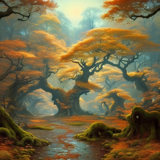 Prompt: Landscape painting, huge magical oak forest with golden leaves, dull colors, danger, fantasy art, by Hiro Isono, by Luigi Spano, by John Stephens