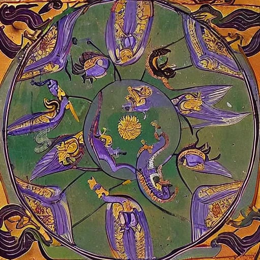 Prompt: An ancient fresco style painting. In the center is a symmetrical, seven-pointed purple star. Around the star are seven dragons: one dragon with yellow scales, one dragon with blue scales,one dragon with red scales, one dragon with green scales, one dragon with black scales , one dragon with white scales and one dragon with purple scales. The background is gray. The fresco is damaged.