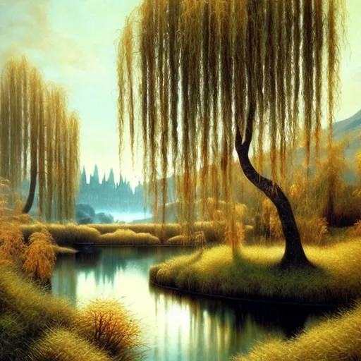 Prompt: Landscape painting, huge willow trees by the river, dull colors, danger, fantasy art, by Hiro Isono, by Luigi Spano, by John Stephens