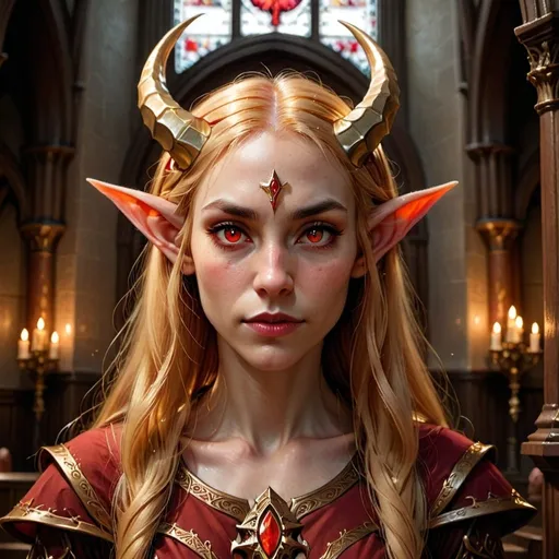 Prompt: Portrait of {an adult woman } with {long golden} hair, red eyes and red skincolor, elf ears, and perfect face, with huge red horns,  in a dark church, perfect composition, hyperrealistic, super detailed, 8k, high quality, D&D, trending art, trending on artstation, sharp focus, studio photo, intricate details, highly detailed, by greg rutkowski