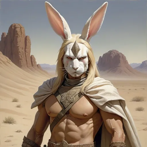 Prompt: Portrait painting, a bunny-like humanoid warrior with blonde fur and long bunny ears, desert-warrior clothes, in the desert, dull colors, danger, fantasy art, by Hiro Isono, by Luigi Spano, by John Stephens