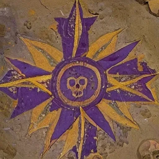 Prompt: An old fresco. A five-pointed star surrounded by waves, leaf prints, a skull, and flowers. The theme is purple.