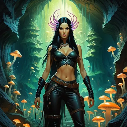 Prompt: Fantasy painting, a tall, beautiful woman with long black hair, dressed in leather, in a dark cave illuminated by fluorescent mushrooms, centipedes, and crystals, dull colors, danger, fantasy art, by Hiro Isono, by Luigi Spano, by John Stephens