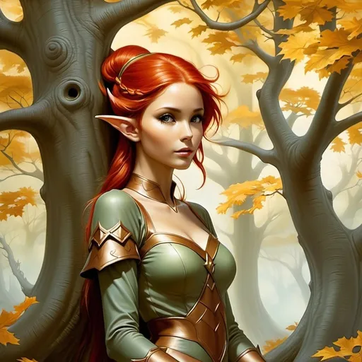 Prompt: Fantasy painting, a beautiful elf girl with red hair emerging from a golden oak tree, dull colors, danger, fantasy art, by Hiro Isono, by Luigi Spano, by John Stephens