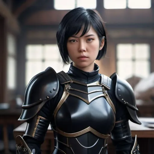 Prompt: Close portrait of {Ai Maeda} with {short black} hair and with a serious face, black leather armor, perfect composition, hyperrealistic, super detailed, 8k, high quality, trending art, trending on artstation, sharp focus, studio photo, intricate details, highly detailed, by greg rutkowski