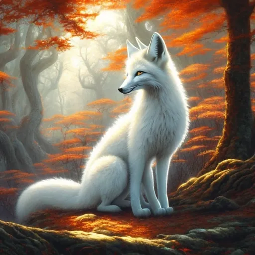 Prompt: Fantasy painting, a large white fox with blue eyes, in a lush oak forest, in autumn, sunlight, dull colors, danger, fantasy art, by Hiro Isono, by Luigi Spano, by John Stephens