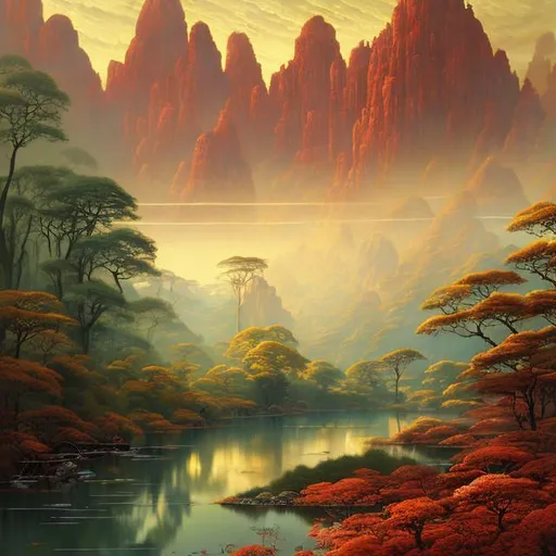 Prompt: Landscape painting, wide river with green water, swift water, golden and crimson acacia forest on the shore, dull colors, danger, fantasy art, by Hiro Isono, by Luigi Spano, by John Stephens