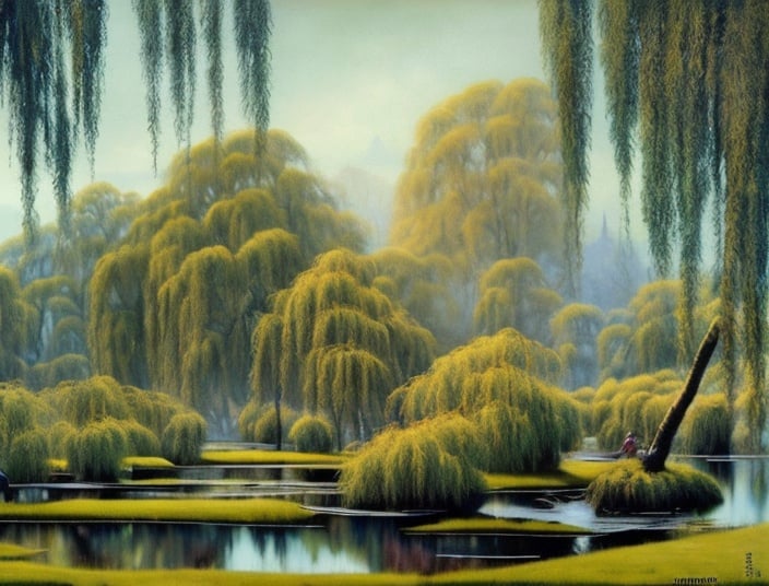 Prompt: Landscape painting, huge willow trees by the river, dull colors, danger, fantasy art, by Hiro Isono, by Luigi Spano, by John Stephens