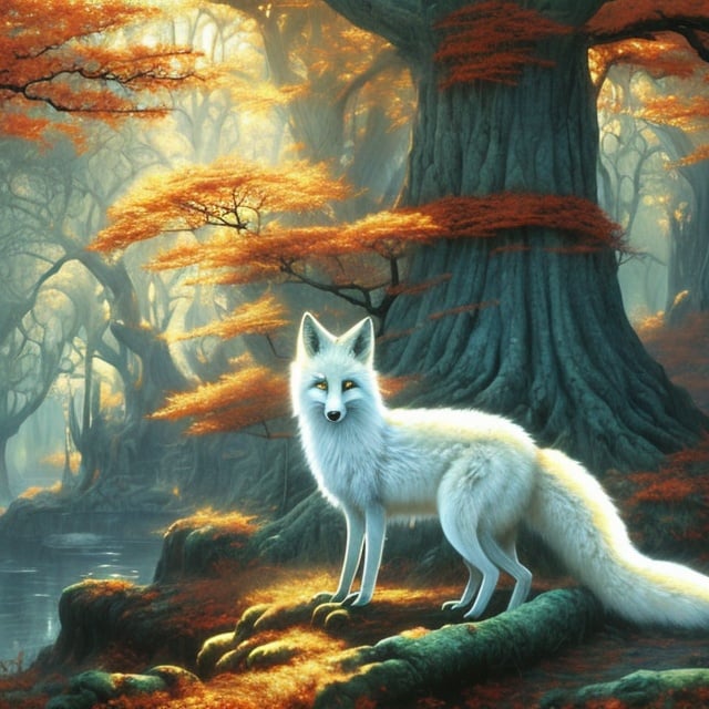 Prompt: Fantasy painting, a large white fox with blue eyes, in a lush oak forest, in autumn, sunlight, dull colors, danger, fantasy art, by Hiro Isono, by Luigi Spano, by John Stephens