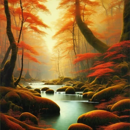 Prompt: Landscape painting, lush linden forest, small river, in autumn, sunlight, dull colors, danger, fantasy art, by Hiro Isono, by Luigi Spano, by John Stephens