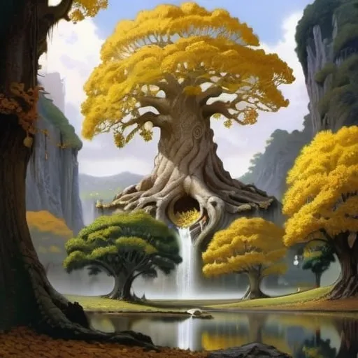 Prompt: Landscape painting, a giant magical oak tree with golden leaves, an elven city sits on its branches, dull colors, Lord of the Rings, fantasy art, by Hiro Isono, by Luigi Spano, by John Stephens