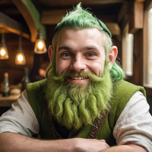 Prompt: Portrait of a male gnome with moss-green hair and bushy beard. Cheerful, in a medieval tavern.