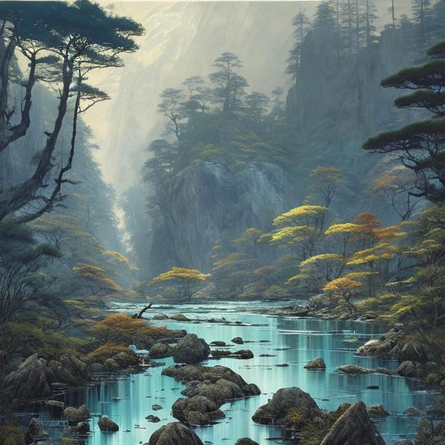 Prompt: Landscape painting, white river with rocky bed, swift water, waterfalls, lush pine forest on the shore, dull colors, danger, fantasy art, by Hiro Isono, by Luigi Spano, by John Stephens