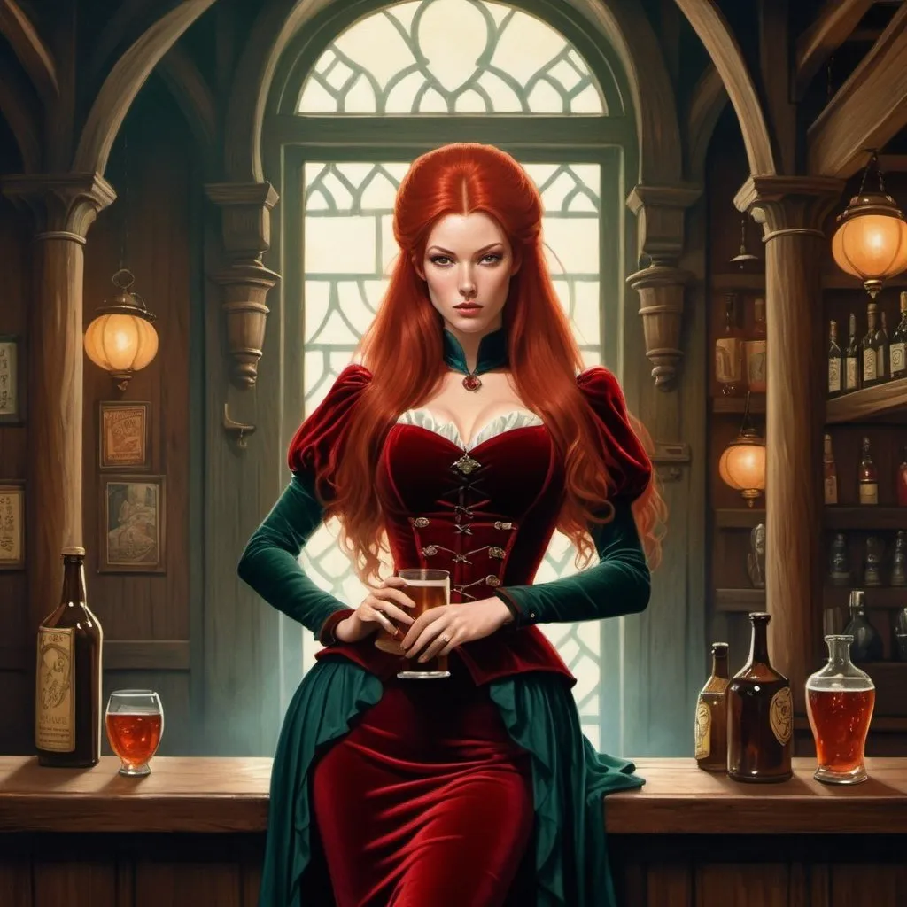 Prompt: Fantasy painting, a tall, beautiful woman with long red hair, dressed in velvet, in a tavern, dull colors, danger, fantasy art, by Hiro Isono, by Luigi Spano, by John Stephens