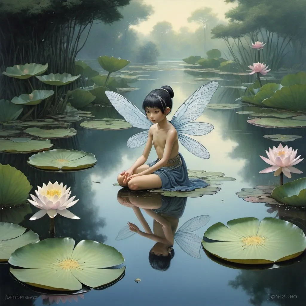 Prompt: Fantasy painting, a tiny humanoid with waterlily dess and dragonfly wings, on a small pond with waterlilies, dull colors, danger, fantasy art, by Hiro Isono, by Luigi Spano, by John Stephens