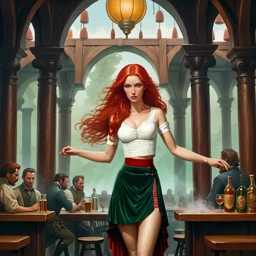 Prompt: Fantasy painting, a tall, beautiful woman with long red hair, dressed in a velvet skirt and a white croptop, in a tavern, dull colors, danger, fantasy art, by Hiro Isono, by Luigi Spano, by John Stephens