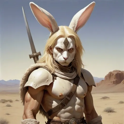 Prompt: Portrait painting, a bunny-like furry humanoid warrior with blonde fur and long bunny ears, desert-warrior clothes, in the desert, dull colors, danger, fantasy art, by Hiro Isono, by Luigi Spano, by John Stephens