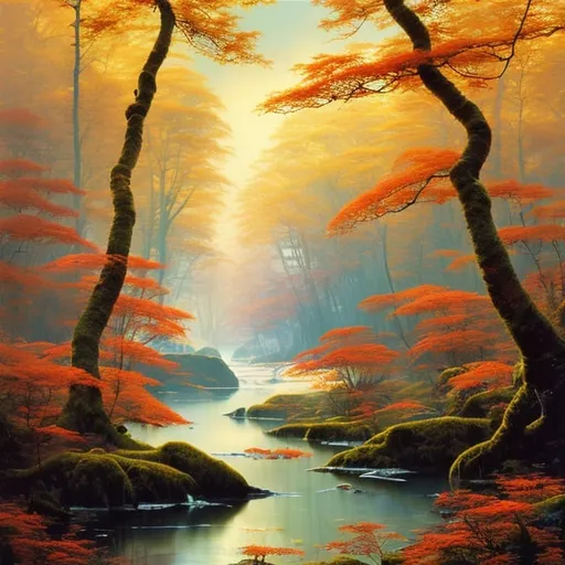 Prompt: Landscape painting, lush linden forest, small river, in autumn, sunlight, dull colors, danger, fantasy art, by Hiro Isono, by Luigi Spano, by John Stephens