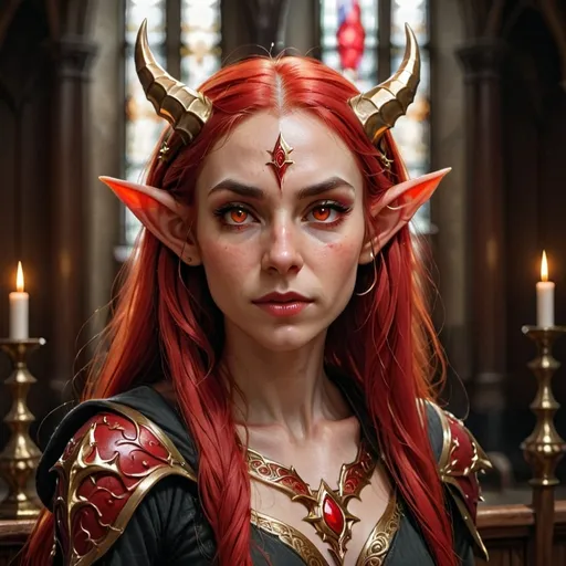 Prompt: Portrait of {a beautiful adult woman with red skin} and {long golden} hair, red eyes, elf ears, and perfect face, with huge red horns,  in a dark church, perfect composition, hyperrealistic, super detailed, 8k, high quality, D&D, trending art, trending on artstation, sharp focus, studio photo, intricate details, highly detailed, by greg rutkowski