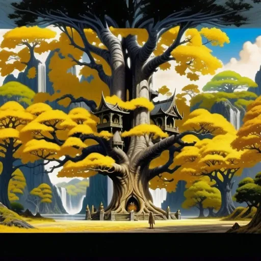 Prompt: Landscape painting, an elven city sits on the branches of a giant oak tree with golden leaves, dull colors, Lord of the Rings, fantasy art, by Hiro Isono, by Luigi Spano, by John Stephens