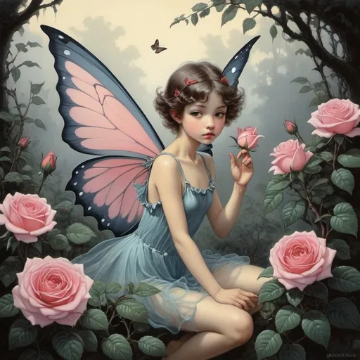 Prompt: Fantasy painting, a tiny fairy with butterfly wings, same size as a rose, in a rosebush, dull colors, danger, fantasy art, by Hiro Isono, by Luigi Spano, by John Stephens