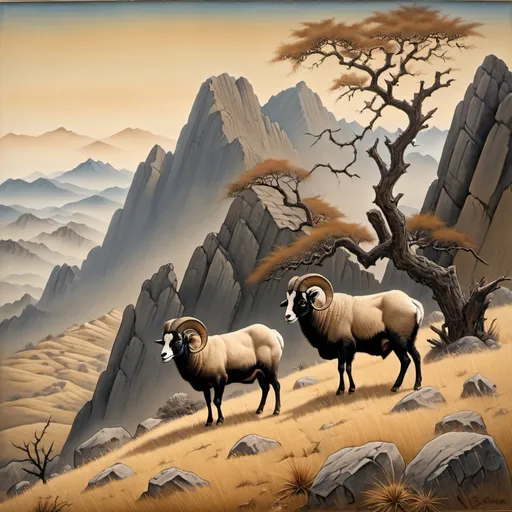 Prompt: Landscape painting, barren mountain side with steep, light rocks, bushes and dry thorns, two rams eating dry grass, heat, drought, dull colors, danger, fantasy art, by Hiro Isono, by Luigi Spano, by John Stephens