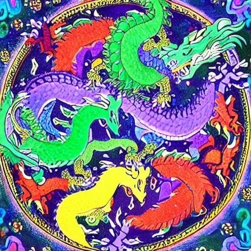 Prompt: A painting. In the center is a seven-pointed purple star. Around the star are dragons: there is a dragon with yellow scales, there is a dragon with blue scales, there is a dragon with red scales, there is a dragon with green scales, there is a dragon with black scales , there is a dragon with white scales and there is a dragon with purple scales. The background is gray. It is a damaged an ancient  fresco.