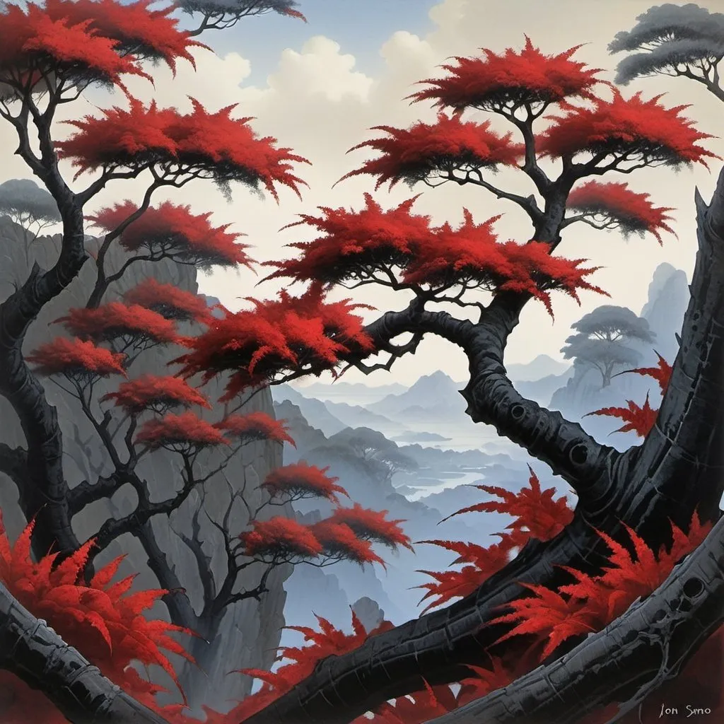 Prompt: Fantasy painting,  acacia tree with {red leaves} and {black bark}, dull colors, danger, fantasy art, by Hiro Isono, by Luigi Spano, by John Stephens