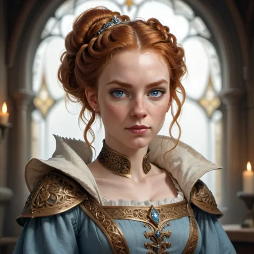 Prompt: Portrait of a medieval countess {young human woman} with {long curly ginger} hair in a large bun, light-blue eyes, light makeup and with pretty face, perfect composition, hyperrealistic, super detailed, 8k, high quality, D&D, trending art, trending on artstation, sharp focus, studio photo, intricate details, highly detailed, by greg rutkowski