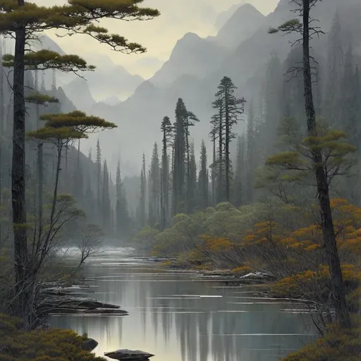 Prompt: Landscape painting, wide gray river, slow water, lush pine forest on the shore, dull colors, danger, fantasy art, by Hiro Isono, by Luigi Spano, by John Stephens