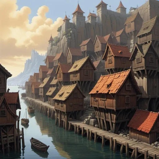 Prompt: Cityscape painting, medieval harbor town, similar to Orgrimmar in WOW, wooden houses, log wall defenses, heat, dull colors, danger, by Hiro Isono, by Luigi Spano, by John Stephens