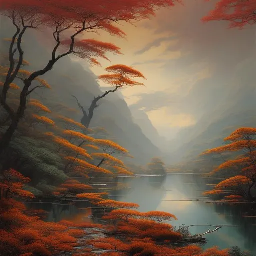 Prompt: Landscape painting, wide river with dark green water, swift water, golden and crimson acacia forest on the shore, dull colors, danger, fantasy art, by Hiro Isono, by Luigi Spano, by John Stephens