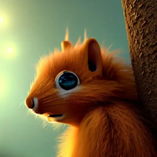 Prompt: 3d fluffy {squirrel with melallic-golden fur}, closeup cute and adorable, cute big circular reflective eyes, long fuzzy fur, Pixar render, unreal engine cinematic smooth, intricate detail, cinematic