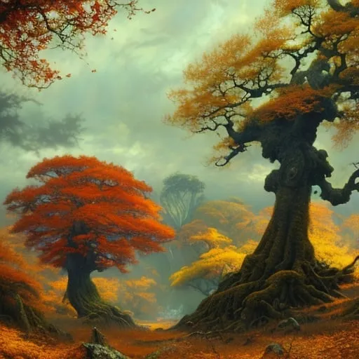 Prompt: Landscape painting, huge magical oak trees with golden leaves, dull colors, danger, fantasy art, by Hiro Isono, by Luigi Spano, by John Stephens