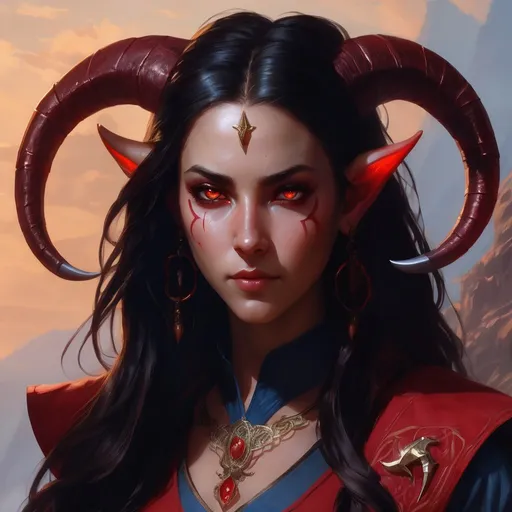 Prompt: Portrait of {young tiefling woman} with {long black} hair, red eyes and with cute face, perfect composition, hyperrealistic, super detailed, 8k, high quality, D&D, trending art, trending on artstation, sharp focus, studio photo, intricate details, highly detailed, by greg rutkowski