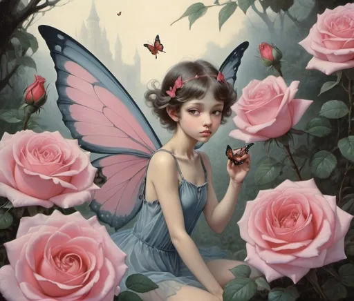 Prompt: Fantasy painting, a tiny fairy with butterfly wings, on a rose, dull colors, danger, fantasy art, by Hiro Isono, by Luigi Spano, by John Stephens