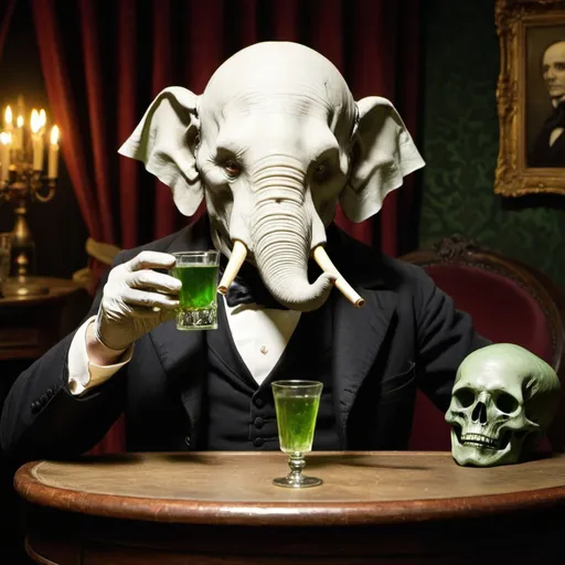 Prompt: John Merrick The Elephant Man drinking absinthe with the Phantom of the Opera