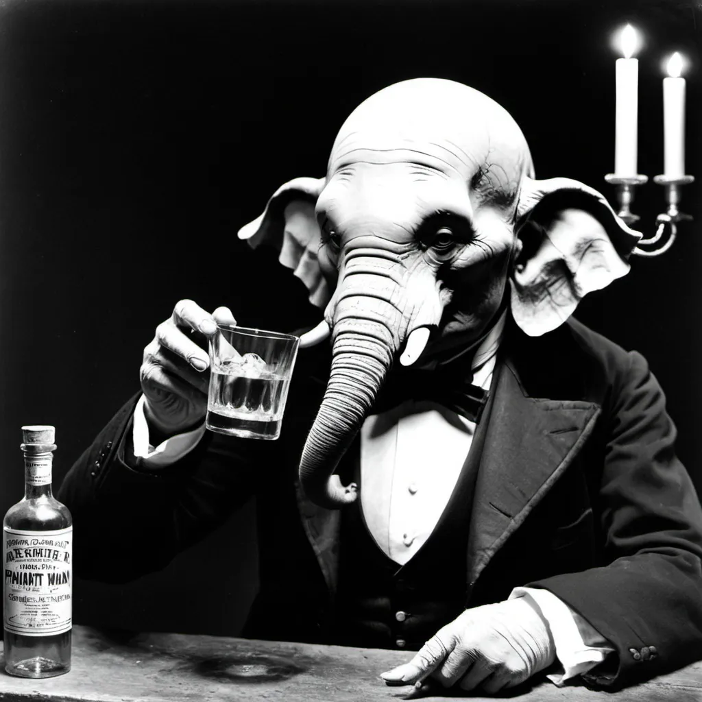 Prompt: John Merrick The Elephant Man drinking absinthe with the Phantom of the Opera