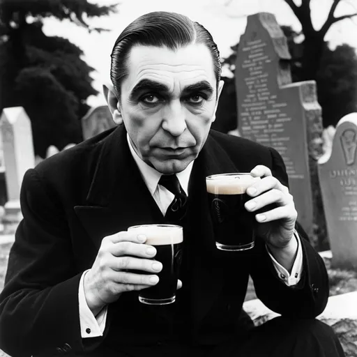 Prompt: Bela Lugosi drinking Guinness stout in a graveyard